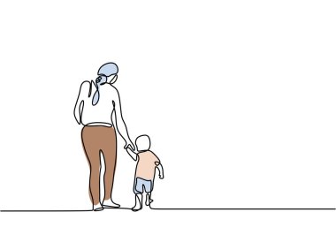 Sürekli anne ve çocuklarının çizimlerini çiziyor. Küçük çocuğuyla el ele tutuşup sokakta yürüyen genç bir anne. Mutlu Aile Ebeveynliği Konsepti Tek çizgi sanat tasarımı çizimi illüstrasyonu