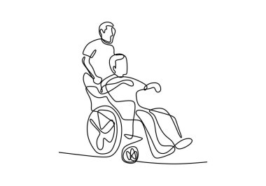 Tekerlekli sandalyeli insanların sürekli çizdiği bir çizgi. Tekerlekli sandalyeyle engelli bir adamın izole edilmiş düz çizim elini beyaz arka plana çekmesine yardım eden bir adam. Vektör