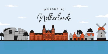 Renkli binaların peyzaj mimarisi panoromisi Windmills House, Rijksmuseum, Van Gogh Museum, The Ijsselmeer. Hollanda, Avrupa 'da gezginler için ünlü bir hedef.