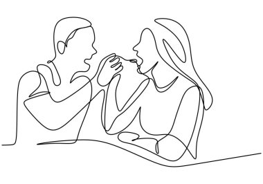 Romantik çift yemeklerini tek bir çizgi halinde çizmeye devam et. Genç ve mutlu erkek ve kadın çift romantik bir randevu ve akşam yemeği yapıyorlar. Aşk, flört ve restoran konsepti. Vektör illüstrasyonu