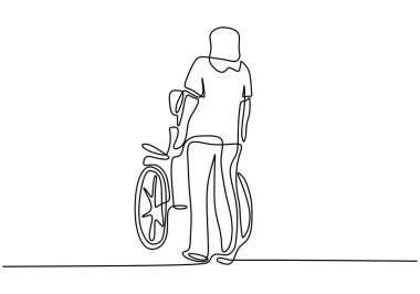 Devamlı, engelli bir ihtiyarla tekerlekli sandalye iten bir gencin çizimi. Yaşlılara, engellilere ve hastalara yardım etmek. İnsanlık kavramı minimalist tarzda. Vektör illüstrasyonu