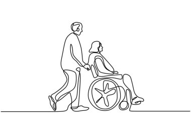 Devamlı, engelli yaşlı bir kadınla tekerlekli sandalye süren genç bir adam çizimi. Yaşlılara, engellilere ve hastalara yardım etmek. İnsanlık kavramı minimalist tarzda. Vektör illüstrasyonu