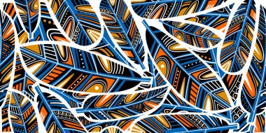 Tüylü, renksiz, desenli bir arka plan. Beyaz arka planda geleneksel halk modası süsü. Klasik boho tüyü. El çizimi moda şablonları, tekstil, tişört tasarımı