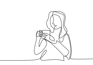 Elinde bir fincan kahve olan kadın sürekli bir çizgi çiziyor. Masada oturan ve stres atarken kahve fincanı tutan genç bir kız. Kahvenin minimalist çizimleriyle iyi eğlenceler.