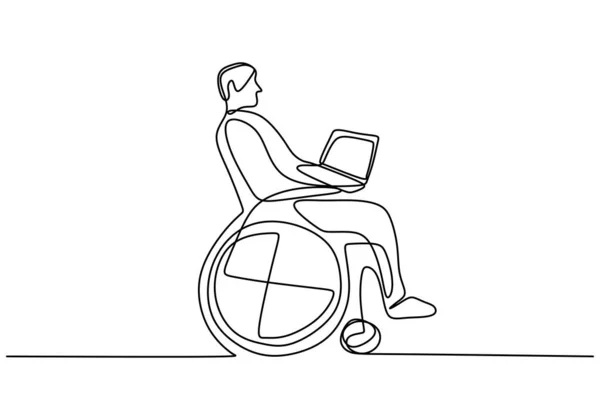 Eine Linienzeichnung Eines Behinderten Mannes Rollstuhl Mit Laptop Hause Ein — Stockvektor
