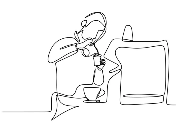 Непрерывный Однолинейный Рисунок Баристы Молодой Красавчик Качестве Владельца Кафе Делает — стоковый вектор