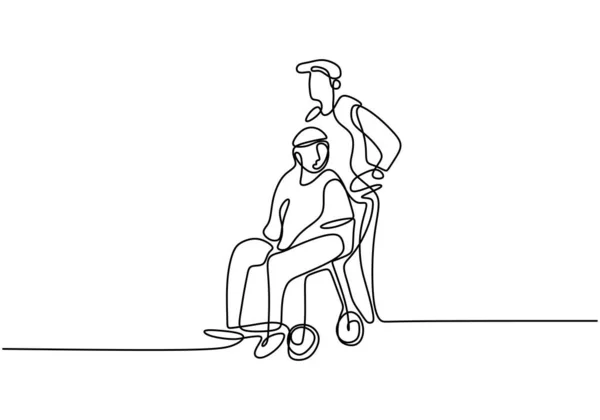 Ciągły Rysunek Jednej Linii Osób Wózkiem Inwalidzkim Człowiek Który Popycha — Wektor stockowy