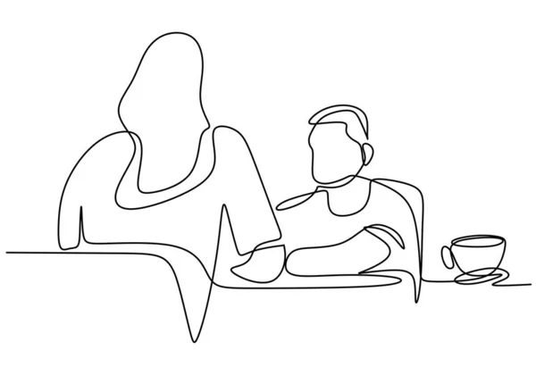 コーヒーショップで一緒にコーヒーを飲んでいる若い男女の連続線画 幸せな男性と女性のコーヒー愛好家はビジネスについて話している間に座っている — ストックベクタ