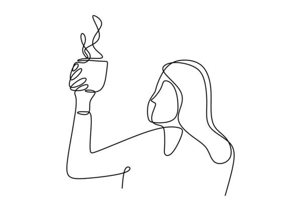 Mujer Con Una Taza Café Continuo Una Línea Dibujo Vectorial — Archivo Imágenes Vectoriales