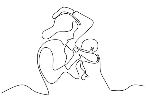 连续的一条线画的妇女和小宝宝在床上隔离的白色背景 一个母亲在给孩子喂奶的时候和她的孩子睡觉 妈妈喂新生儿的概念 — 图库矢量图片