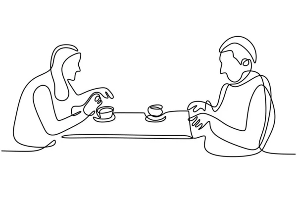 Continuous One Single Line Drawing Romantic Couple Dinner Young Happy — Stock Vector