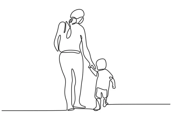妈妈和她的孩子们连续画一条线 年轻的母亲牵着她的小孩在街上走着 快乐生儿育女的概念单行艺术设计矢量图解 — 图库矢量图片