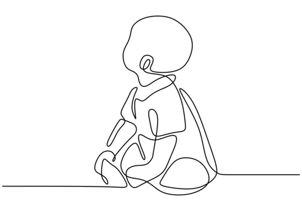 可愛い赤ちゃんの連続シングルが床に座っています 白を背景に一本の線画を見上げながら座っている赤ちゃん ミニマリストスタイルのキャラクターの小さな子供 — ストックベクタ