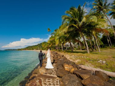 Gelin ve damat düğün Suit, tropik bir adada bir taş iskele yürüyüş elele.