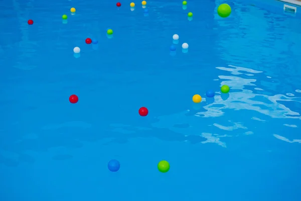 Multicolored Balls Surface Blue Pool — Stock Photo, Image