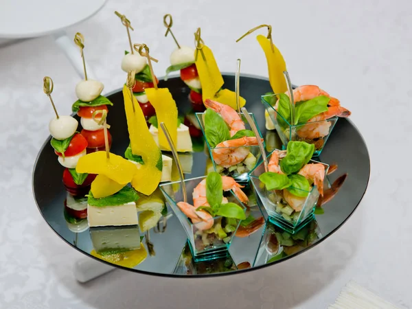 Different Wedding Snacks Mirror Plate — Stock Photo, Image