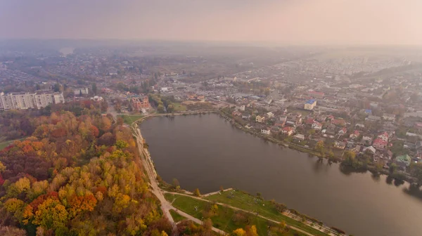 Vista Aerea Del Parco Cittadino Autunnale Vicino Lago Bella Vista — Foto Stock