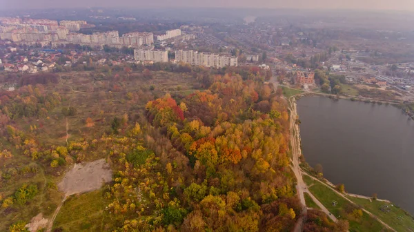 Sonbahar Şehir Parkı Göl Yakınındaki Hava Görünümünü Güzel Bir Doğa — Stok fotoğraf