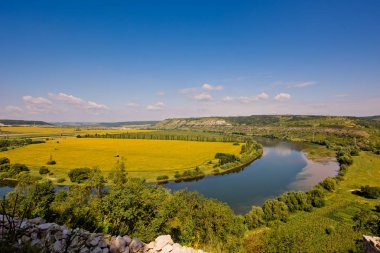Doğanın güzel manzara. Mavi gökyüzü, sarı alan.