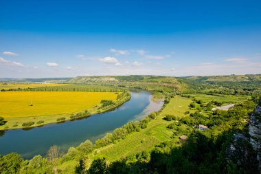 Doğanın güzel manzara. Mavi gökyüzü, sarı alan.