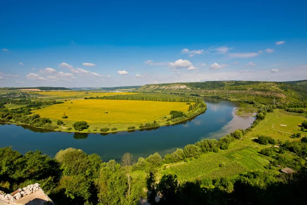 Doğanın güzel manzara. Mavi gökyüzü, sarı alan.