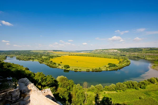 Doğanın güzel manzara. Mavi gökyüzü, sarı alan.