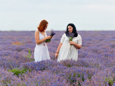 Farklı saç iki genç kızla birlikte lavanta alana poz beyaz elbiseler içinde renk.