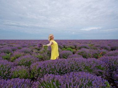 Lavanta alana poz, elinde bir buket sarı elbiseli Genç kız.