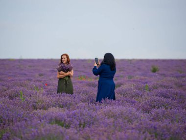 İki kız bir lavanta alanda birbirlerine fotoğraf çekmek.