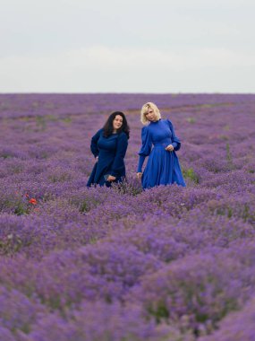 Mavi elbiseler lavanta alana poz iki kız.