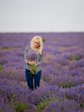 Yumuşak odak çiçek, güzel lavanta çiçek çiçeklenme. Lavanta çiçek bir buket ile şirin kız.