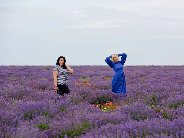Birlikte poz lavanta alanında farklı saç rengi, iki genç kız.