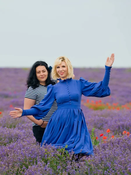 Birlikte poz lavanta alanında farklı saç rengi, iki genç kız.