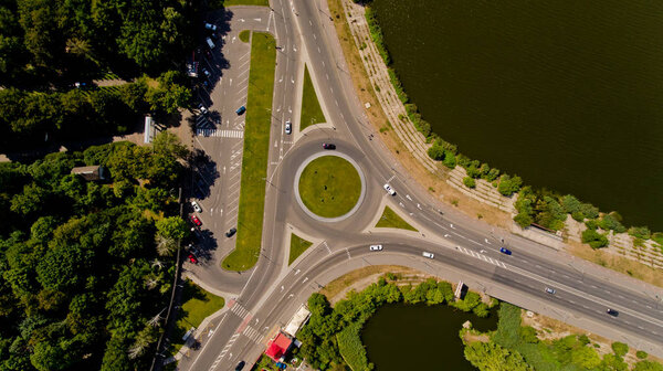 Top view of the road junction. Aerial view.