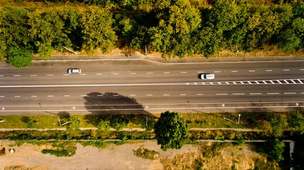 Bovenaanzicht Van Asfalt Weg Loopt Door Het Veld Bos — Stockfoto