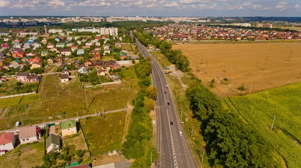 Aerial View Cityscape Road Field Clouds — Stock Photo, Image