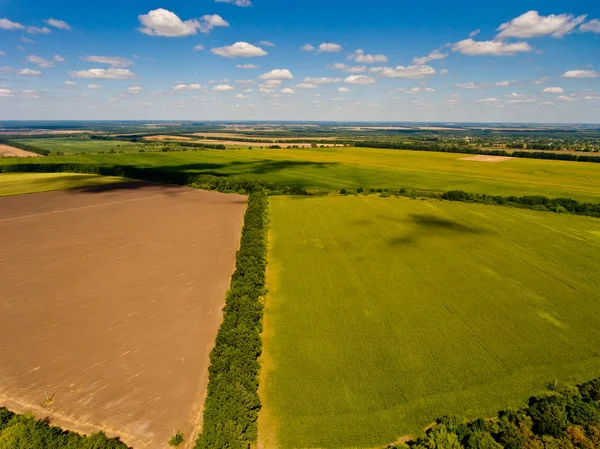 Schöne Luftaufnahme Von Landwirtschaftlichen Feldern Und Blauem Himmel Mit Weißen — Stockfoto