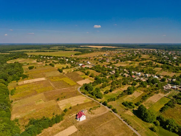 Beautiful Aerial View Agricultural Fields Blue Sky White Clouds — Stock Photo, Image