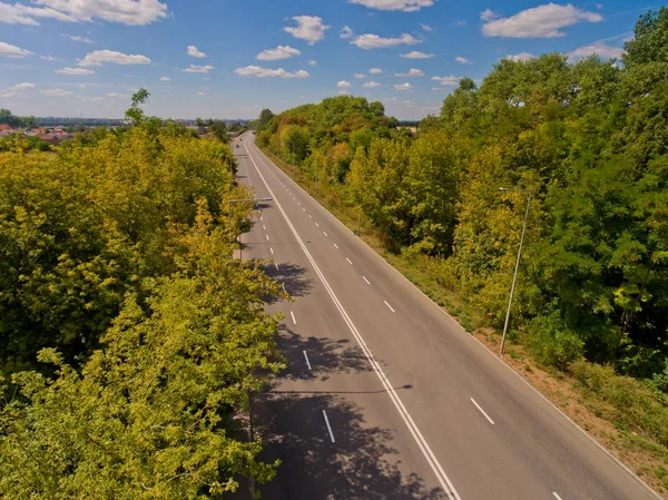 Luchtfoto Van Asfalt Weg Loopt Door Het Bos — Stockfoto