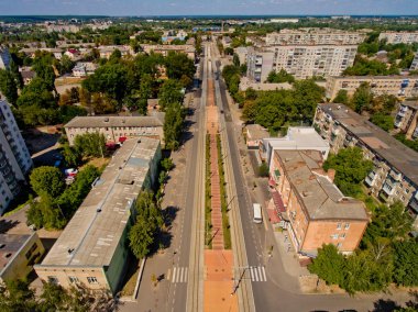 Vinnytsia Ukraine - 18 Ağustos 2019: Bir Avrupa şehrinin havadan görünümü. Vinnytsia şehri.