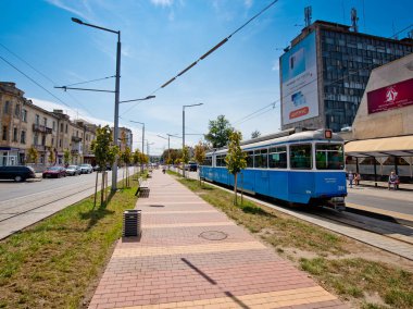 Vinnytsia Ukraine - 18 Ağustos 2019: Şehir tramvayı görünümü. Vinnytsia şehri.
