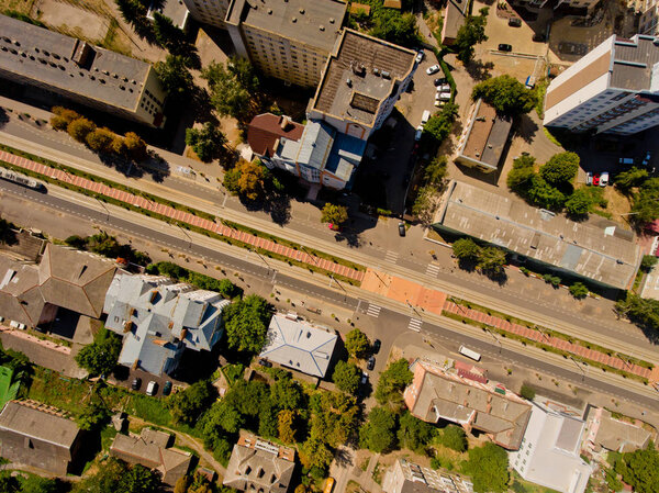 Vinnytsia Ukraine - August 18, 2019: Top view of a European city. Vinnytsia city.