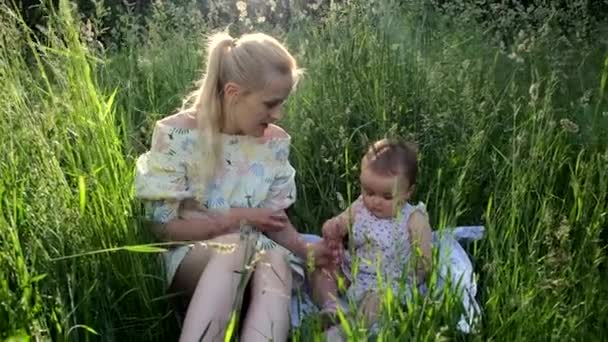 En ung flicka med en liten dotter leker bland gräset. — Stockvideo