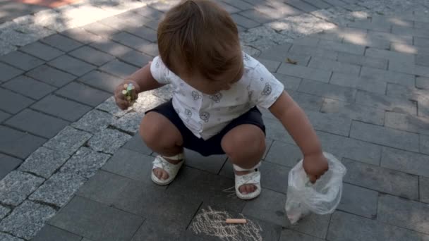 Милая маленькая девочка рисует мелом на тротуаре . — стоковое видео