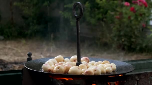 Jonge hele aardappelen gebakken in kokende olie tot een grote koekenpan boven een open vuur. — Stockvideo