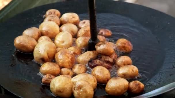 De gebakken aardappelen worden uit de pan gehaald. — Stockvideo