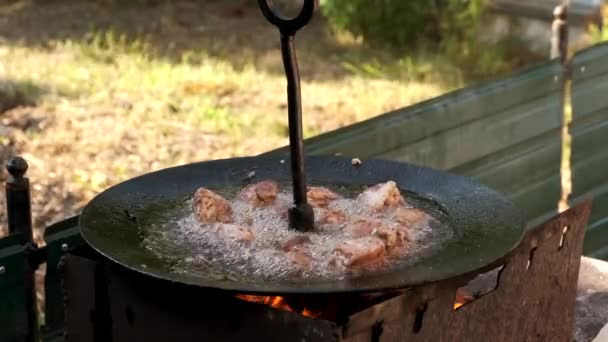 Een hand doet vlees in een grote koekenpan boven een open vuur. — Stockvideo