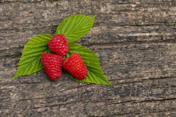 Reife Aromatische Himbeeren Auf Einem Hölzernen Hintergrund Mit Kopierraum — Stockfoto