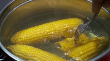Tencerede haşlanmış mısır. Yakın plan. Yavaş çekim.