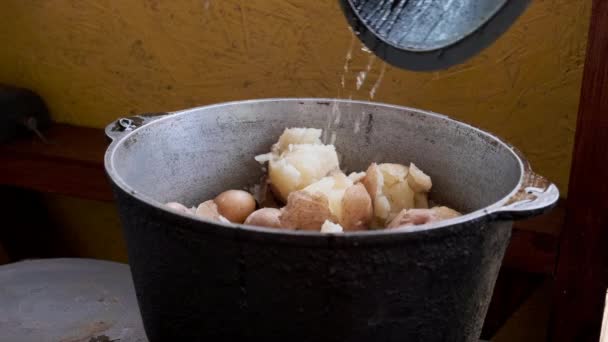 Las patatas enteras se cocinan en un caldero. Patatas de chaqueta. — Vídeos de Stock